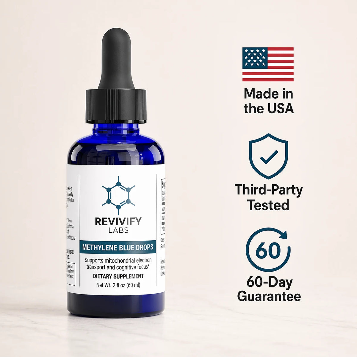 Methylene Blue Drops hero image with Made in the USA, Third-Party Tested, and 60-Day Guarantee callouts