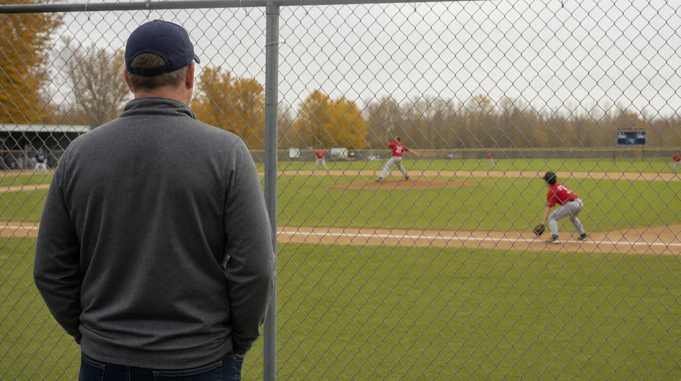 A father watching his son's little-league baseball game from behind a chain-link fence