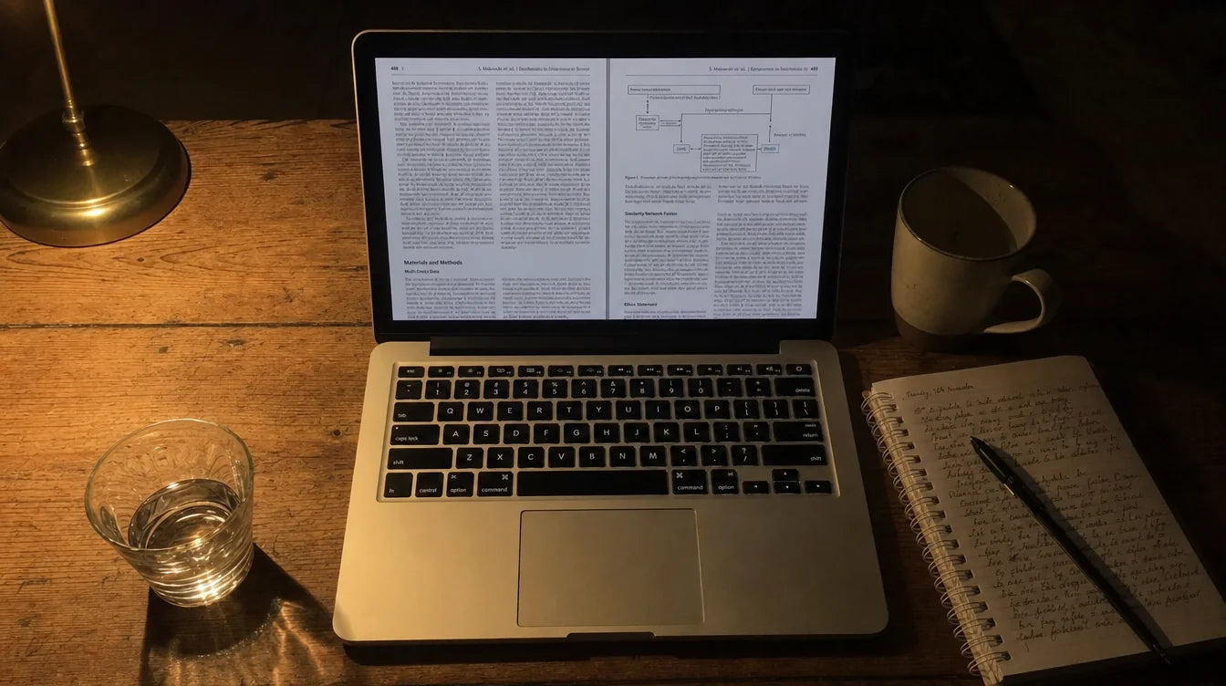 A kitchen table at night with a laptop open to a journal article, a glass of water, and a notebook full of handwritten margin notes