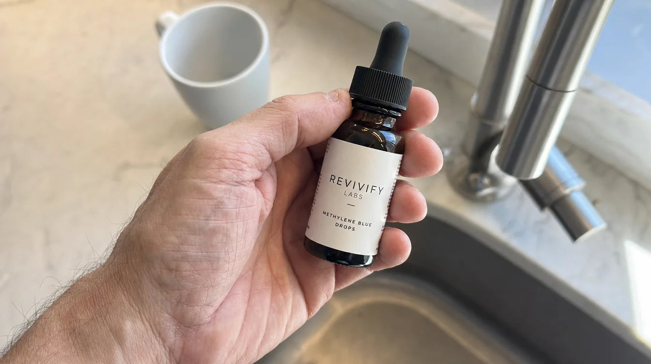 A patient's hand holding a small dark dropper bottle of Revivify Labs methylene blue across a kitchen counter