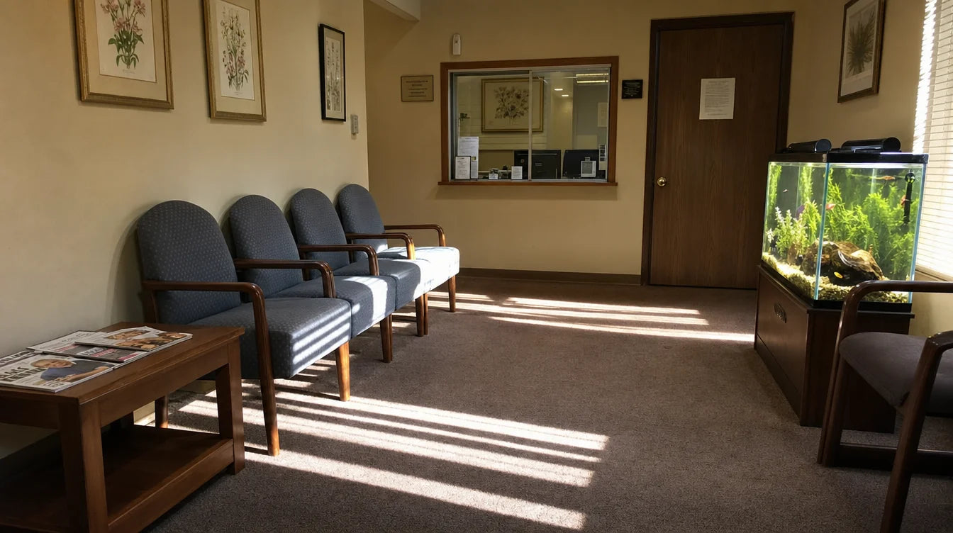 A small internal medicine waiting room at the end of the day