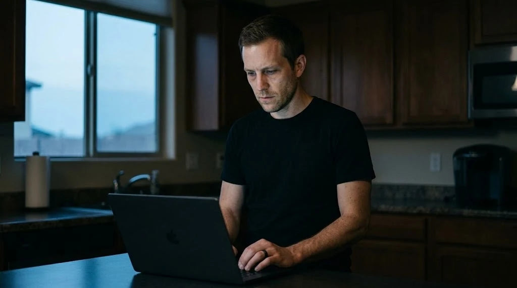 Jake at 4am in his kitchen, laptop open