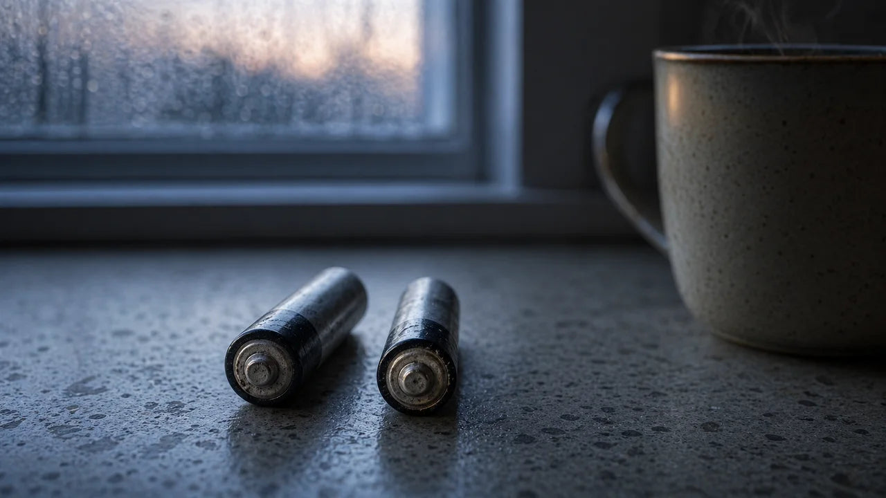 Two AA batteries lying side-by-side on a cold gray kitchen counter, slightly worn, in pre-dawn blue light. A coffee mug at the edge of frame with steam rising. Quiet, no people.