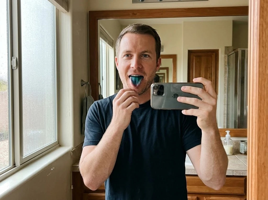 Jake's blue-tongue selfie after MB dose