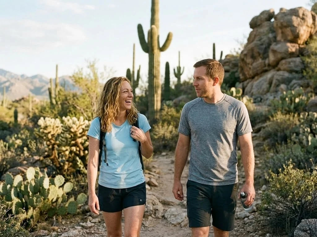 Jake and Sarah hiking in Tucson, mid-conversation