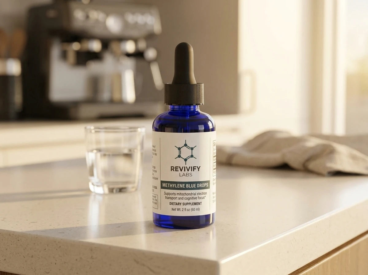 Revivify Labs Methylene Blue bottle on the morning counter