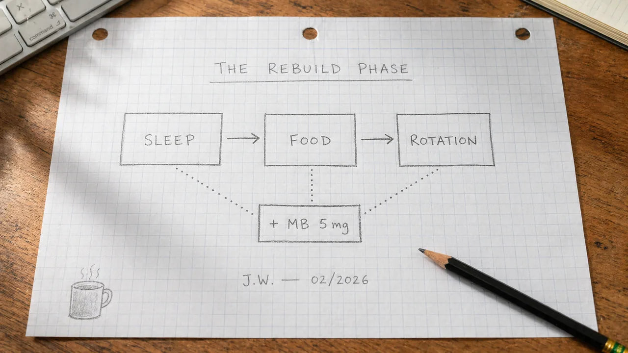 Hand-drawn pencil diagram on engineer's graph paper titled 'The Rebuild Phase' — three boxes labeled SLEEP, FOOD, ROTATION connected by solid arrows, with a smaller '+ MB 5mg' box below connected only by dotted lines, signed 'J.W. — 02/2026'