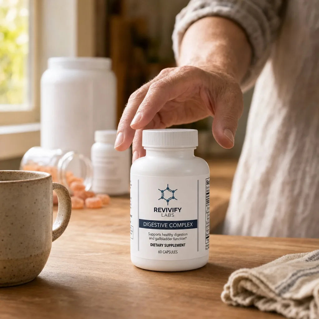 A woman's hand reaching for a bottle of Digestive Complex on a kitchen counter, with fiber gummies and powders pushed to the back