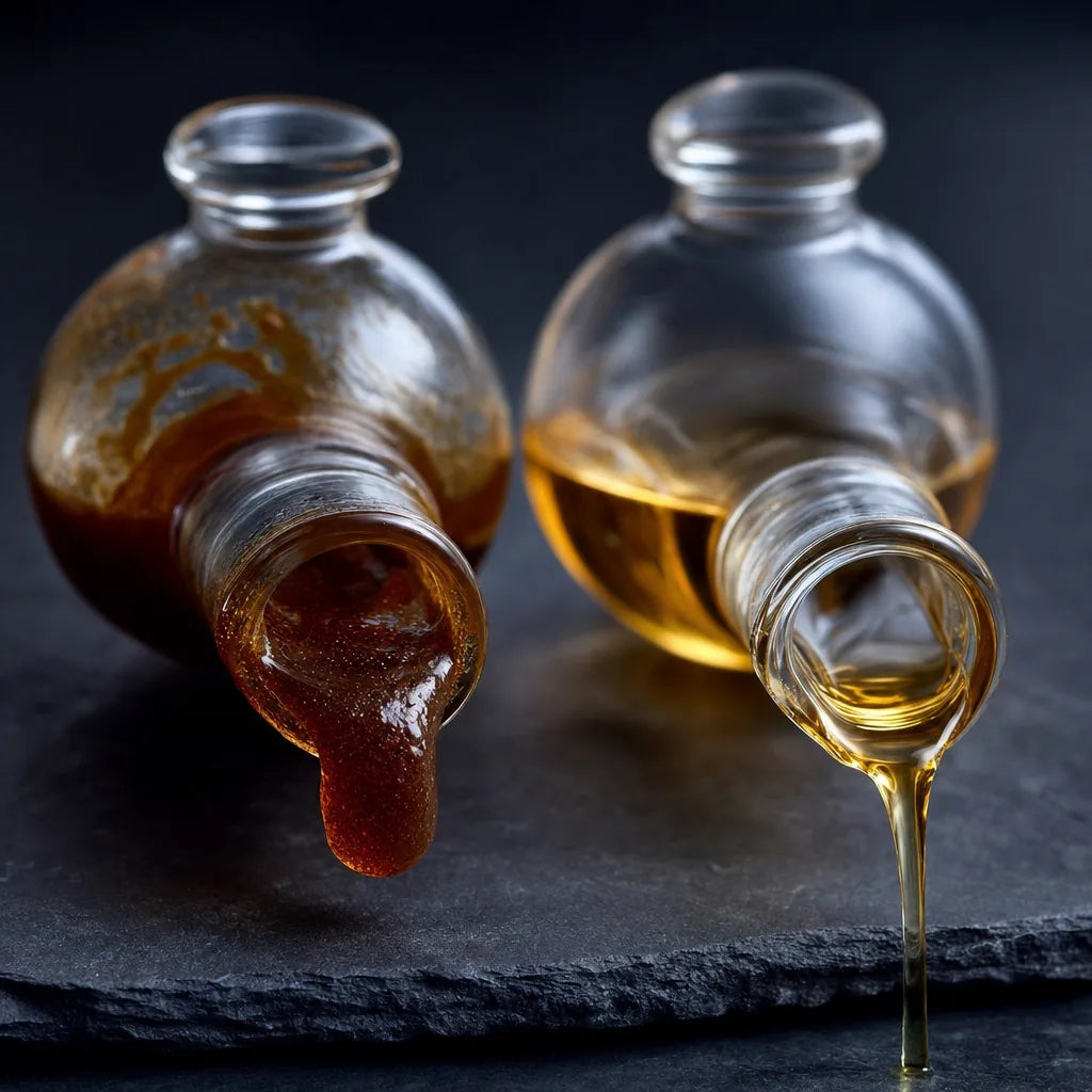 Two glass cruets side by side: thick sluggish amber liquid clinging to the glass next to clear golden liquid pouring freely