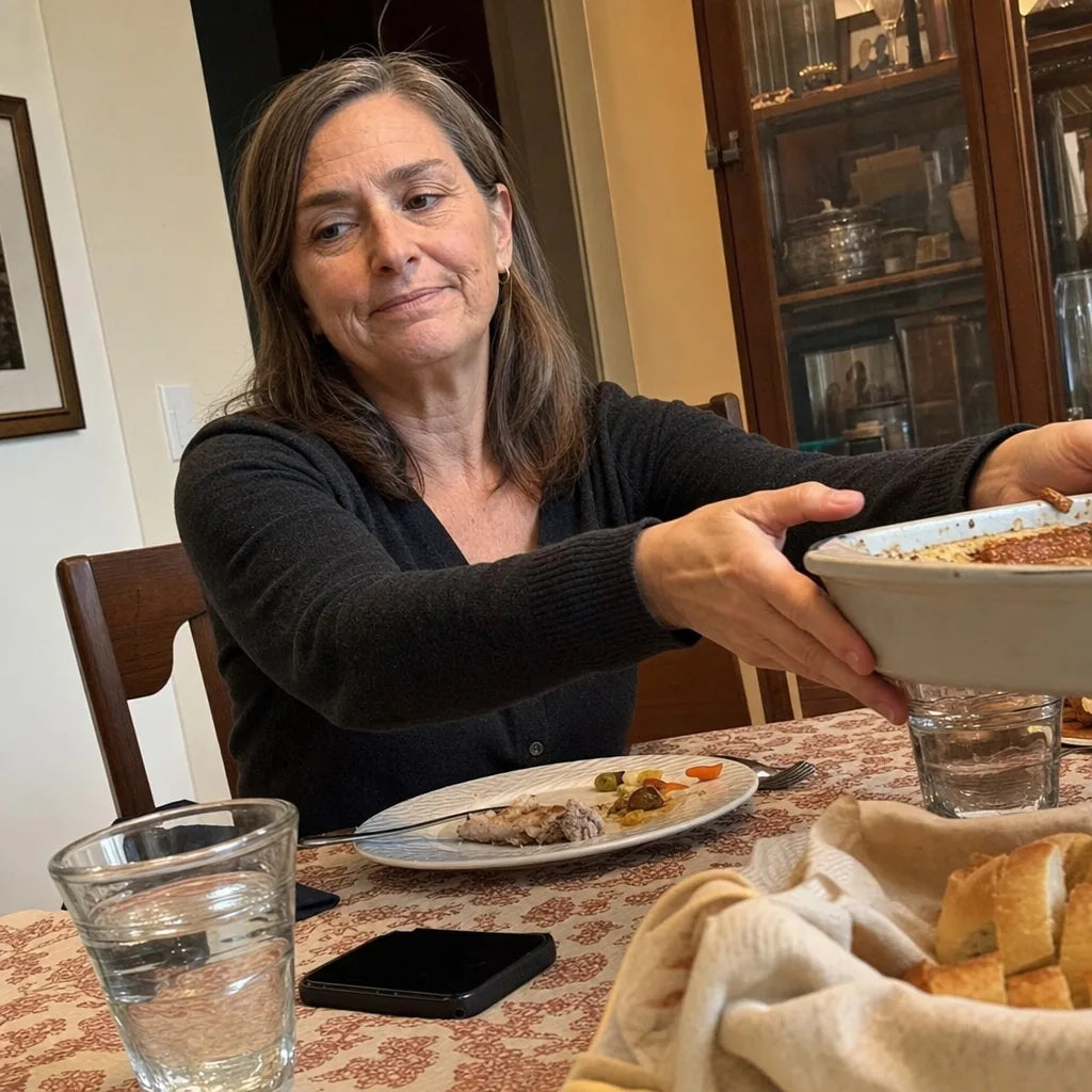 A woman passing the serving dish along at a family dinner, her own plate barely touched