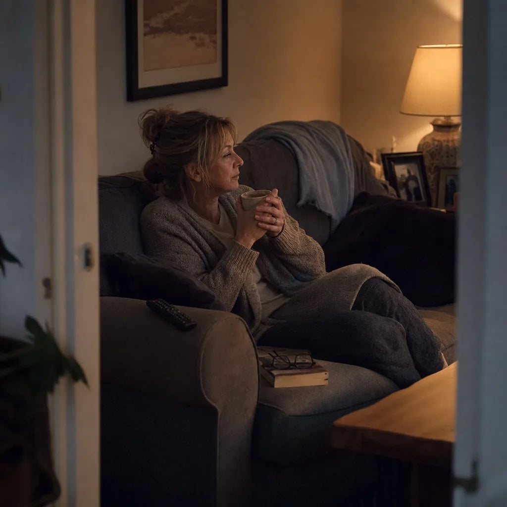 A woman relaxed on the sofa with a mug of tea after dinner