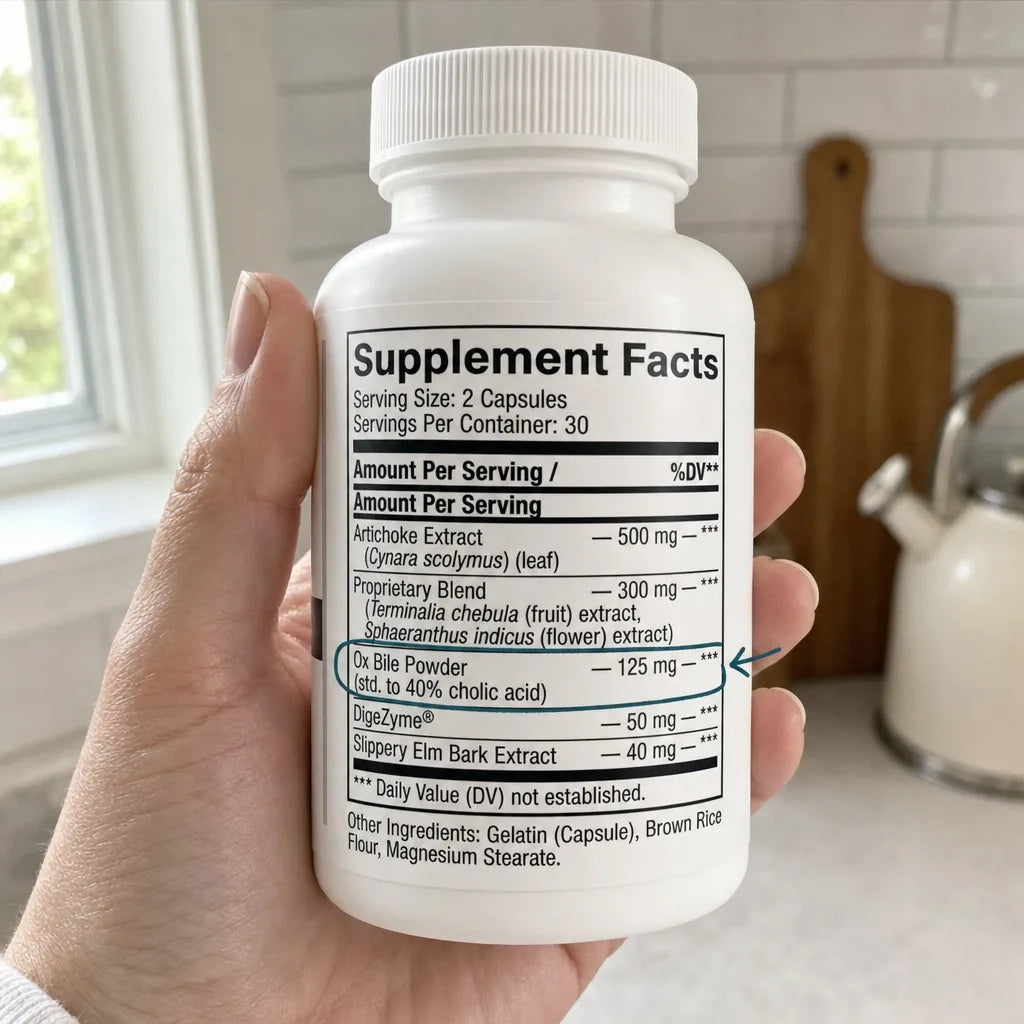 A hand holding the Digestive Complex bottle with the Supplement Facts panel facing the camera and the ox bile line circled