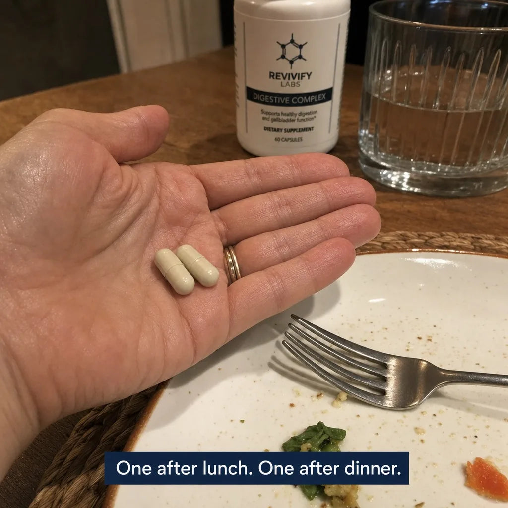 An open palm holding two capsules above a finished dinner plate, the Digestive Complex bottle in the background
